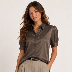 Covington Button Down Blouse Large Brown Polka Dot Puff Short Sleeve Y2K Satin